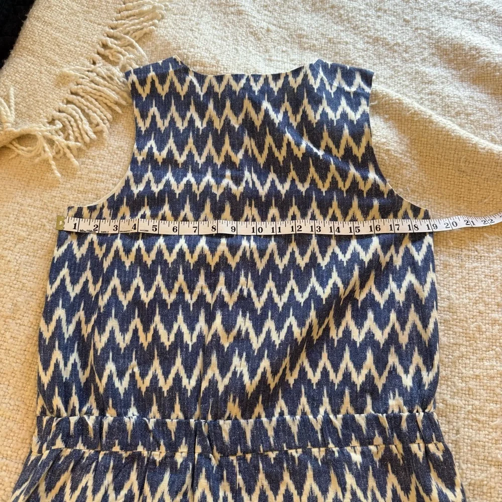 JCrew Structured Blue and Cream Ikat Print Linen Romper 6